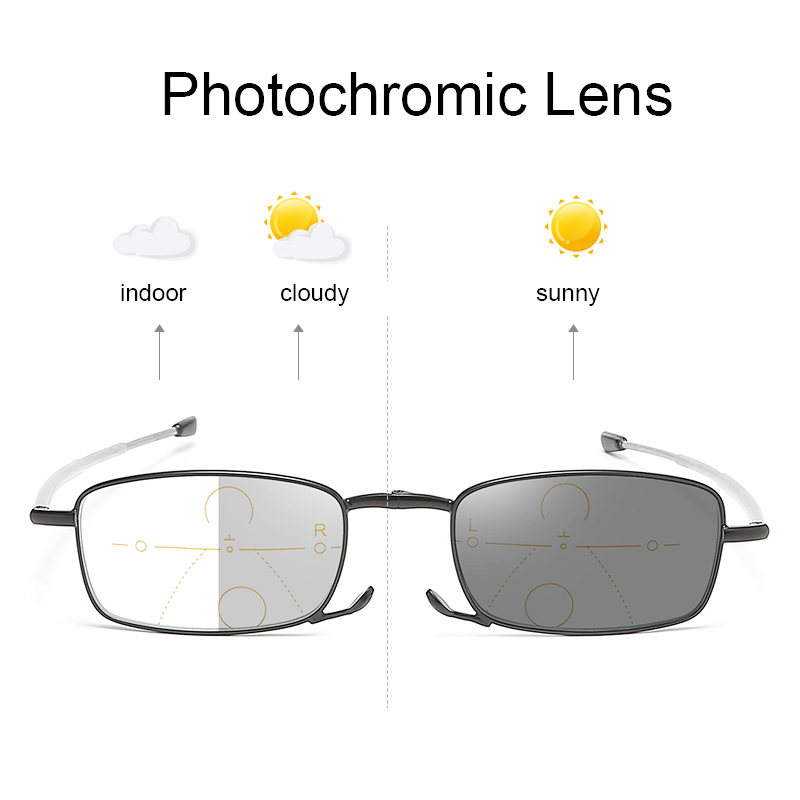 909F Portable Telescope Arms Multi Focus Photochromic Folding Reading Glasses Color Change Lens with Leather Pouch