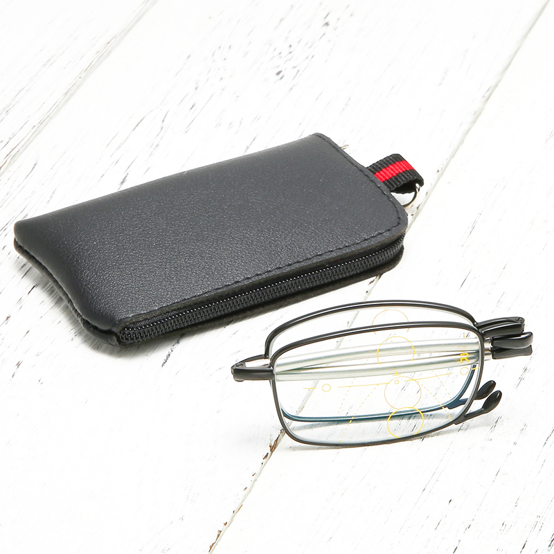 909F Portable Telescope Arms Multi Focus Photochromic Folding Reading Glasses Color Change Lens with Leather Pouch