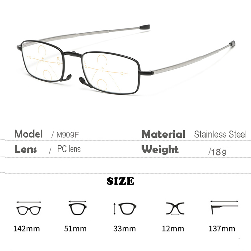 909F Portable Telescope Arms Multi Focus Photochromic Folding Reading Glasses Color Change Lens with Leather Pouch