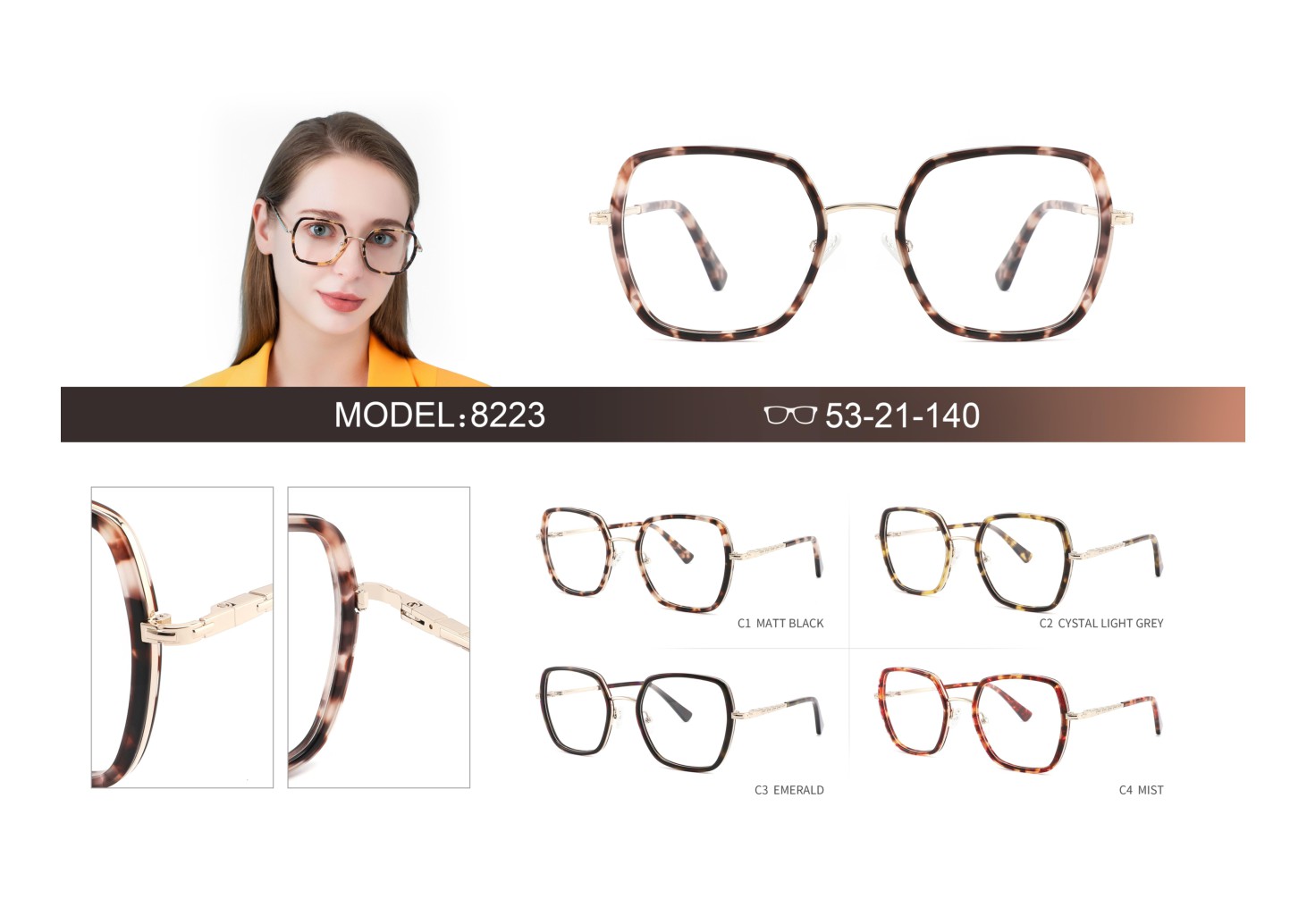 Hot Sale Ins Popular Women Glasses Frame Metal and Acetate Combination Optical Eyeglasses Frames 