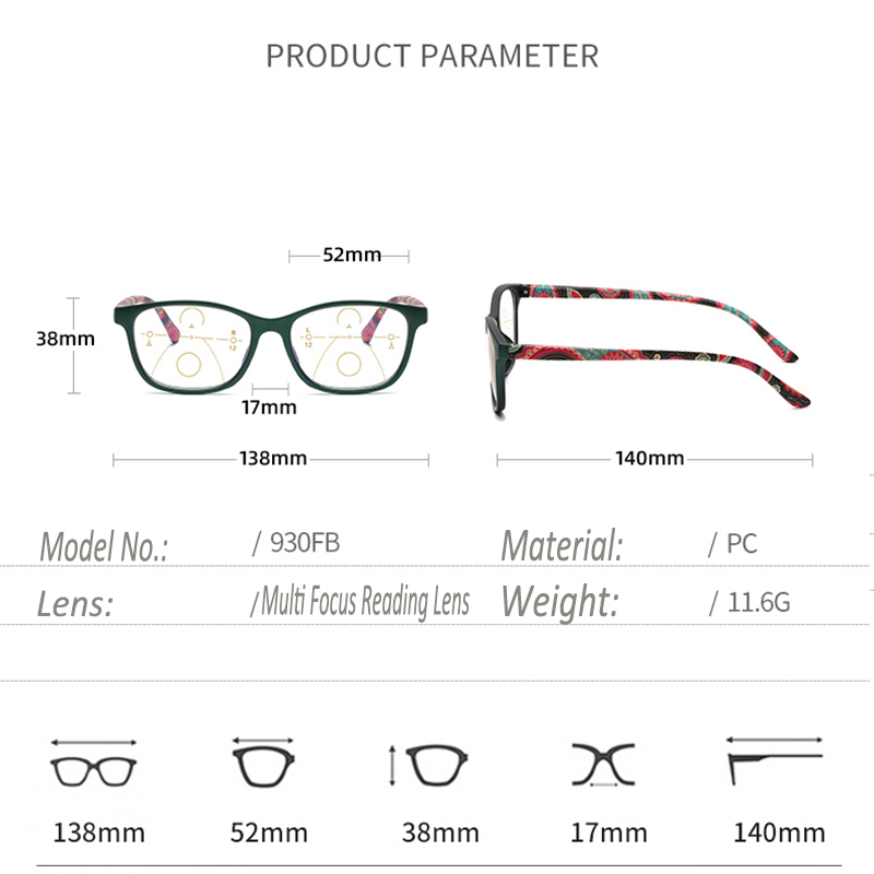 Multi Focus Blue Light Reading Glasses PC Frame