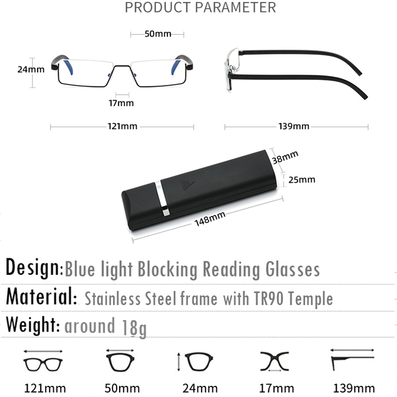 Ultra Light Blue Light Blocking Half Frame Reading Glasses with Free Cases