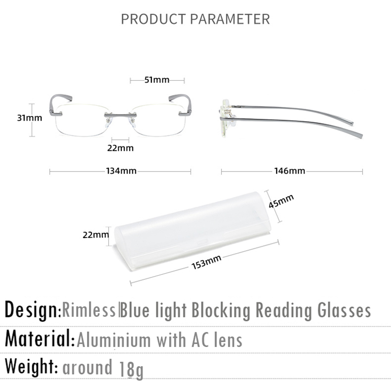 Ultra Light Aluminium Blue Light Blocking Rimless Reading Glasses 