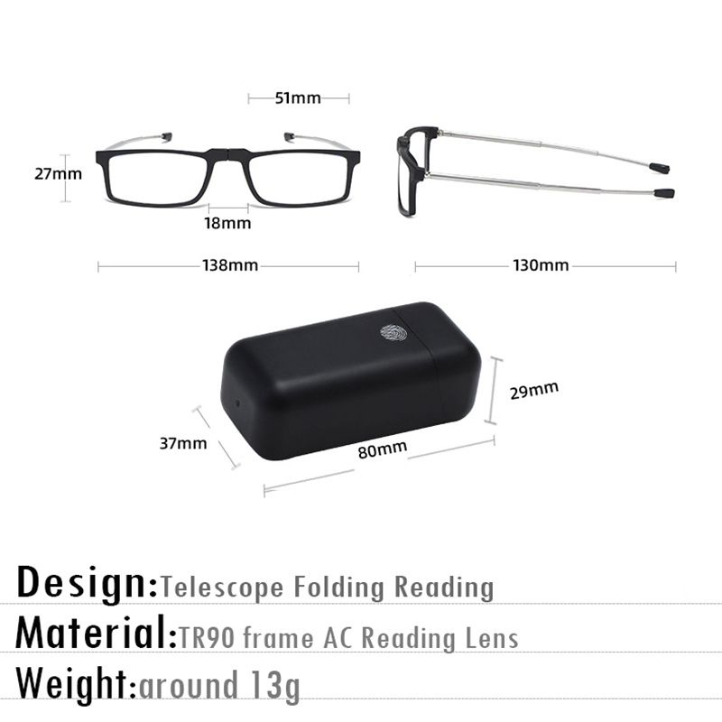Adjustable Telescope Arms TR90 Reading Glasses with Cases UV400 Blue Light Reading Lens